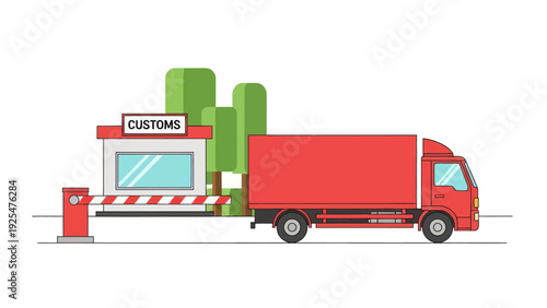 Red Delivery Truck at Customs Checkpoint with Barrier and Building.