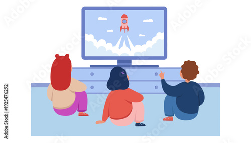 Children watching a cartoon rocket launch on a television screen