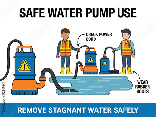 Safe Water Pump Use and Stagnant Water Removal Safety Guide. Vector Illustration. EPS Editable