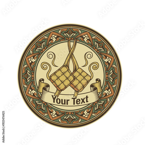 Eid al-Fitr greeting label with ketupat and luxury vintage floral ornament frame