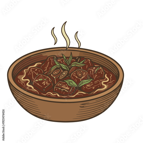 Indonesian beef rendang or meat stew in a traditional clay bowl hand drawn illustration