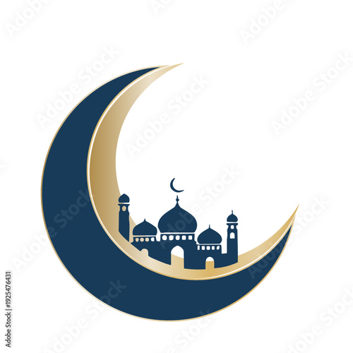 Elegant mosque silhouette under crescent moon with gold accents