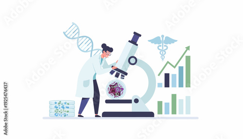 Scientist examining virus under microscope with DNA and charts. Vector Illustration. EPS Editable