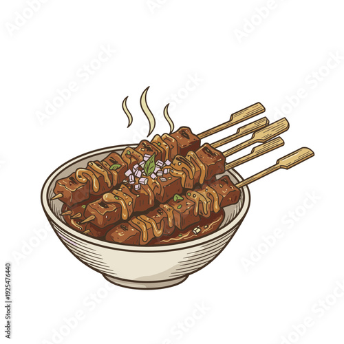 Grilled chicken satay with peanut sauce and shallots in a bowl illustration