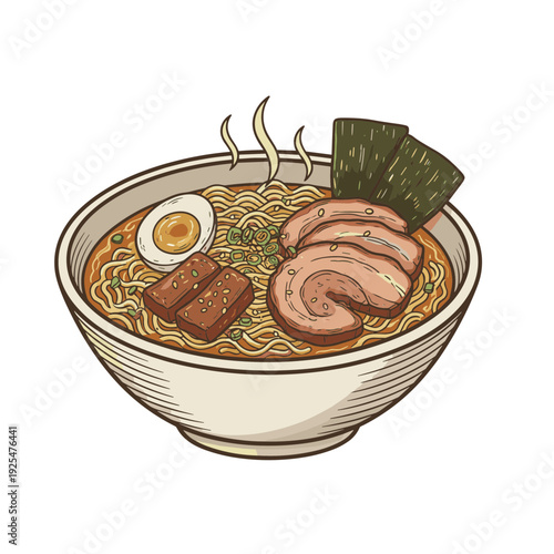 Delicious bowl of ramen with savory ingredients and steam