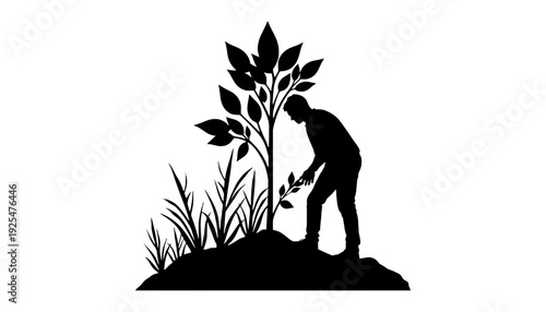 A man silhouette planting a tree in a field illustration