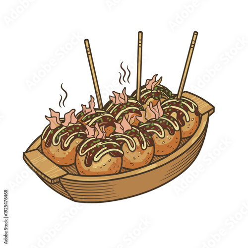 Delicious takoyaki balls served in a wooden boat