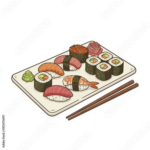 Delicious sushi assortment on plate with chopsticks