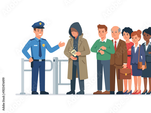 Security guard checking people in line at entrance. Vector Illustration. EPS Editable