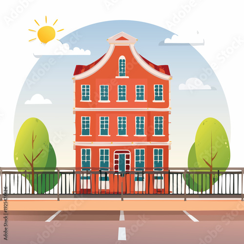 Cartoon illustration of a three story red house under a bright sky