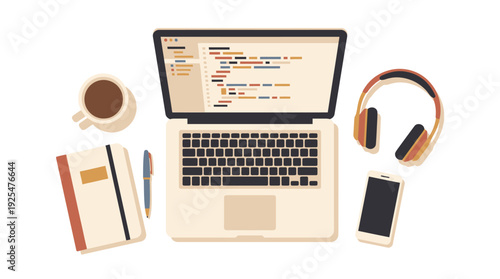 Top View of a Laptop with Coding Screen and Office Supplies. Vector Illustration. EPS Editable