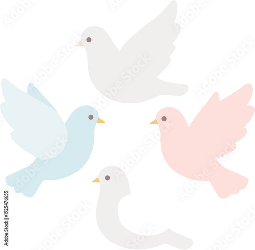 Four doves of different colors appear to be flying on a white backdrop
