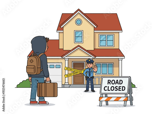 Thief with suitcase and backpack stopped by police at closed road outside house. Vector Illustration. EPS Editable