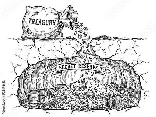 Treasury bag pouring money into a secret reserve cave. Vector Illustration. EPS Editable