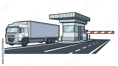 Truck approaching a toll booth on a highway for payment.
