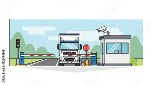 Truck at a security checkpoint with a barrier and guard booth.