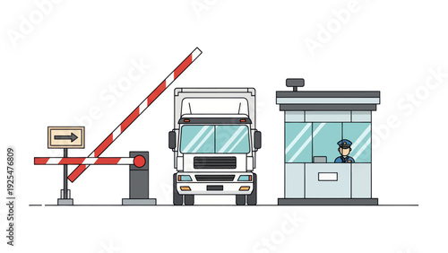 Truck at a checkpoint with a barrier and security booth.