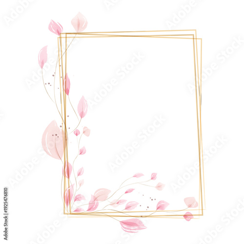 A lovely golden rectangular frame features delicate pink watercolor leaves. The soft, translucent foliage gracefully adorns the bottom and left edges, creating an elegant decorative border.