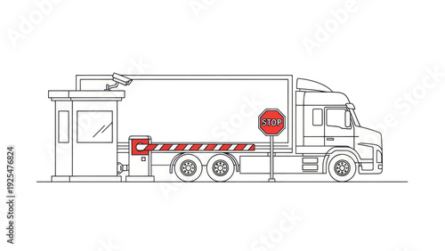 Truck at a security checkpoint with a barrier and stop sign.