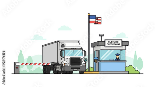 Truck at Customs Checkpoint with Barrier and Flag.