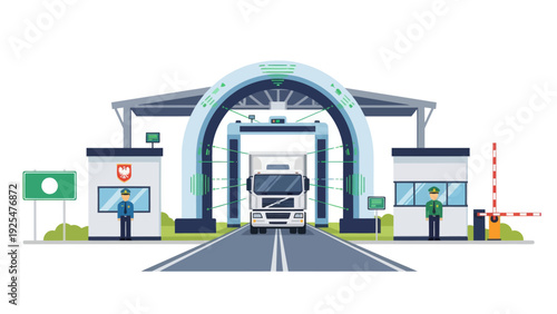 Truck passing through a border control point with customs officers and security scanners.