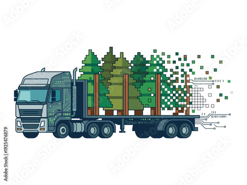 Truck transporting pixelated trees with digital disintegration effect. Vector Illustration. EPS Editable