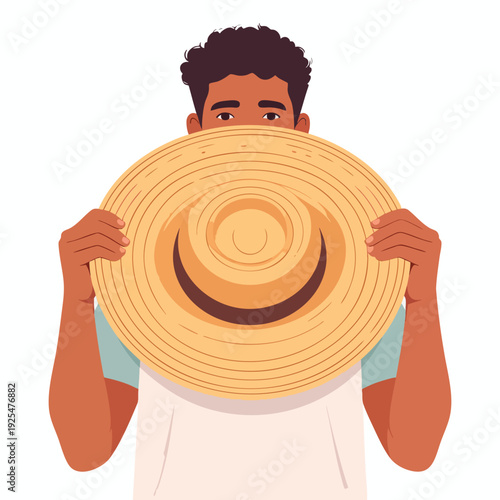 Man holding large straw hat in front of his face, hiding his identity, illustration of person wearing casual clothing