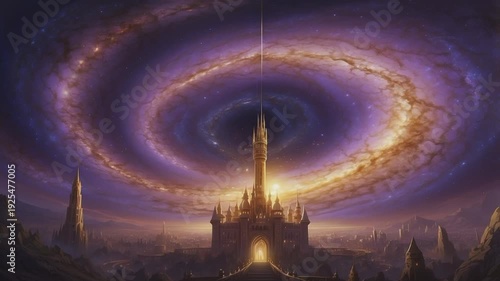 A magnificent Gothic castle stands proudly amidst a vast, rocky landscape. Its most striking feature is its skyline, where a giant spiral galaxy of purple and gold swirls directly above the castle's 