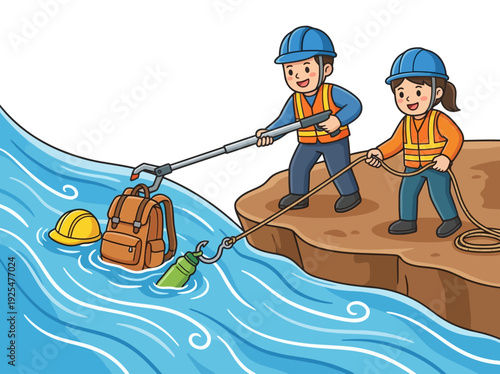 Two people in safety vests and hard hats rescuing a backpack and bottle from a river. Vector Illustration. EPS Editable