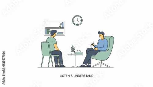 Two men in a therapy session discussing issues. Vector Illustration. EPS Editable