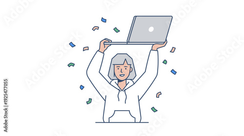 Woman celebrating success holding a laptop computer. Vector Illustration. EPS Editable