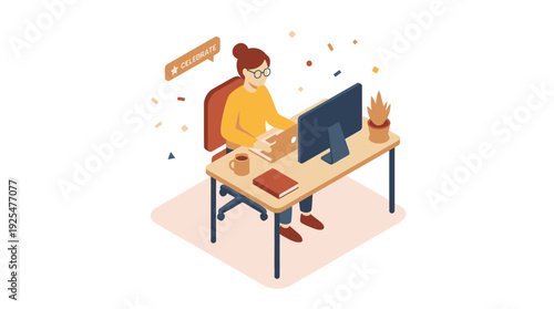 Woman working diligently at her computer desk in a modern office setting. Vector Illustration. EPS Editable