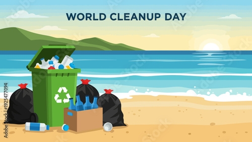 World Cleanup Day Beach Scene with Trash Can and Bags.