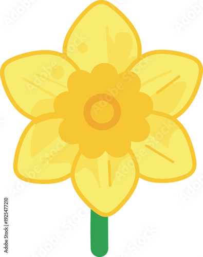 Bright daffodil blossom with a green stem, flat design on white background