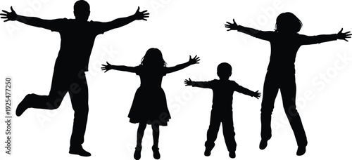 Happy family silhouettes jumping with outstretched arms vector illustration isolated on white background joyful parents and children concept