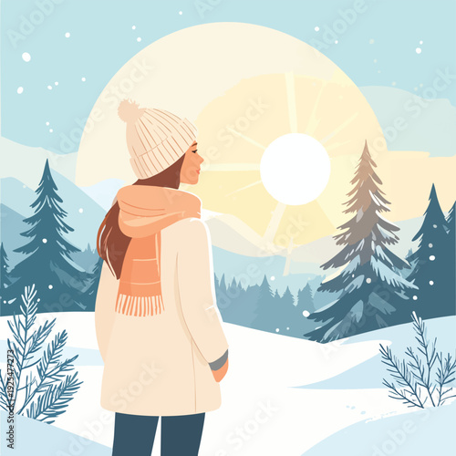 Woman in winter attire gazing at a serene snowy landscape with snowflakes falling around her