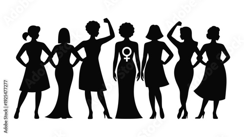 Empowered women standing together in solidarity with feminist symbol black silhouettes in dresses on white background