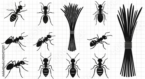 Black silhouette icons of ants and wheat stalks on grid background symbolizing agriculture and nature