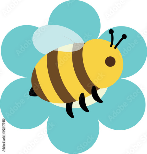 Cartoon bee buzzing around a periwinkle flower with soft transparent wings