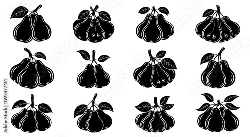 Black and white illustration of pears with leaves on a white background
