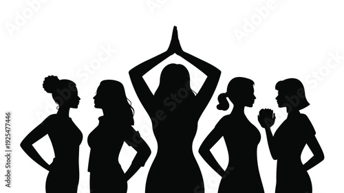 Silhouette of five women in various poses black figures on white background representing friendship and unity