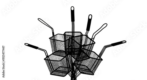 Mesh fryer baskets on a central pole for organized frying