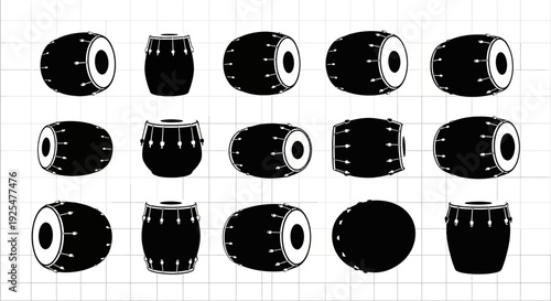 Collection of various drum shapes and designs on grid background black and white illustration