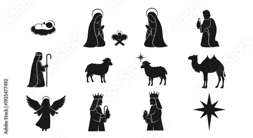 Nativity scene icons including mary joseph jesus angel shepherd sheep camel and star of bethlehem in black silhouette on white background for christmas and holiday designs