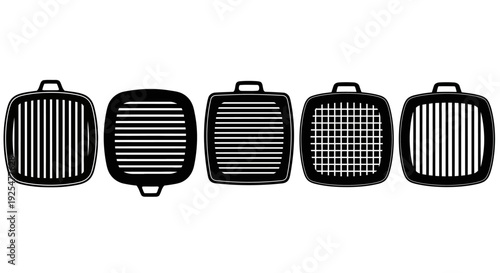 Five different grill plates arranged horizontally on white background for cooking and barbecue concepts
