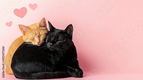 Two kittens cuddling with hearts, suitable for St. Valentines Day postcard