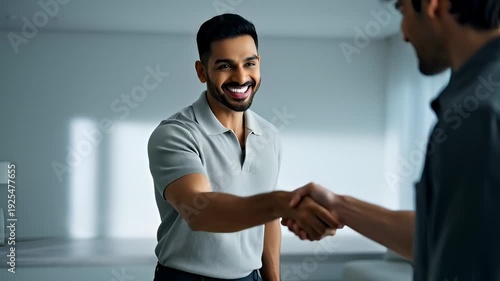 Two Men Shaking Hands in a Modern Office Space, Business Meeting Greeting