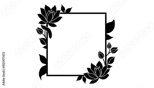 Elegant black floral frame with delicate lotus blossoms and leaves on a white background.