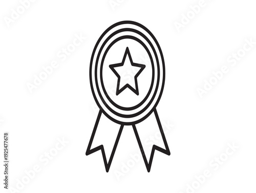 A black and white line drawing of a rosette award ribbon with a star
