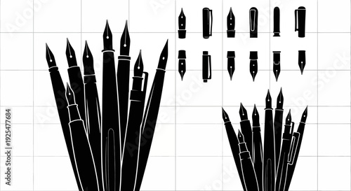 Collection of various calligraphy nibs and pen tips on grid paper for writing and art